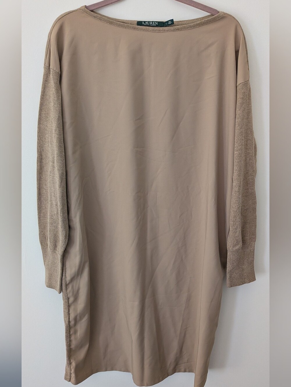 Green tag! Lauren Ralph Lauren Farheen Twill Front Sweater Mixed Media Dress Tan